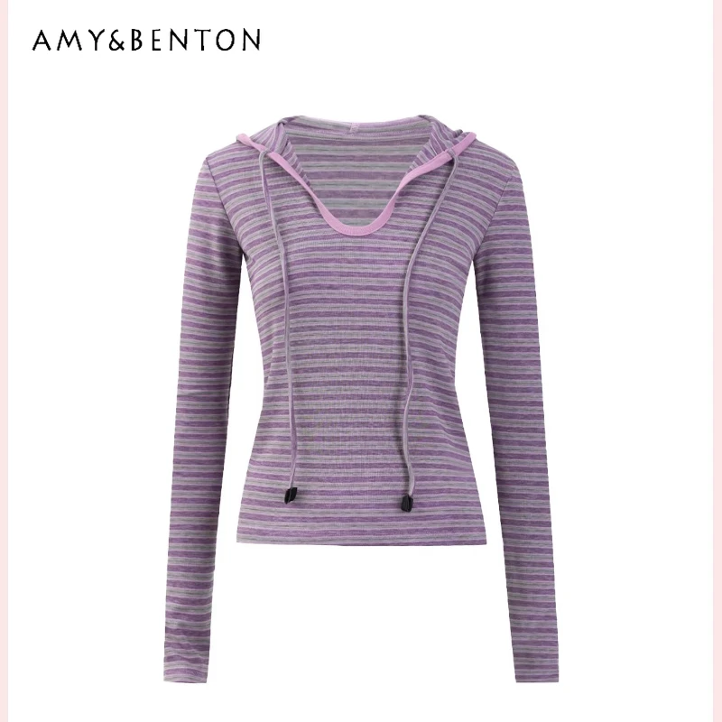 Design vintage casual listrado com capuz camada base moletom feminino 2026 primavera moda personalidade emagrecimento malha topo senhoras