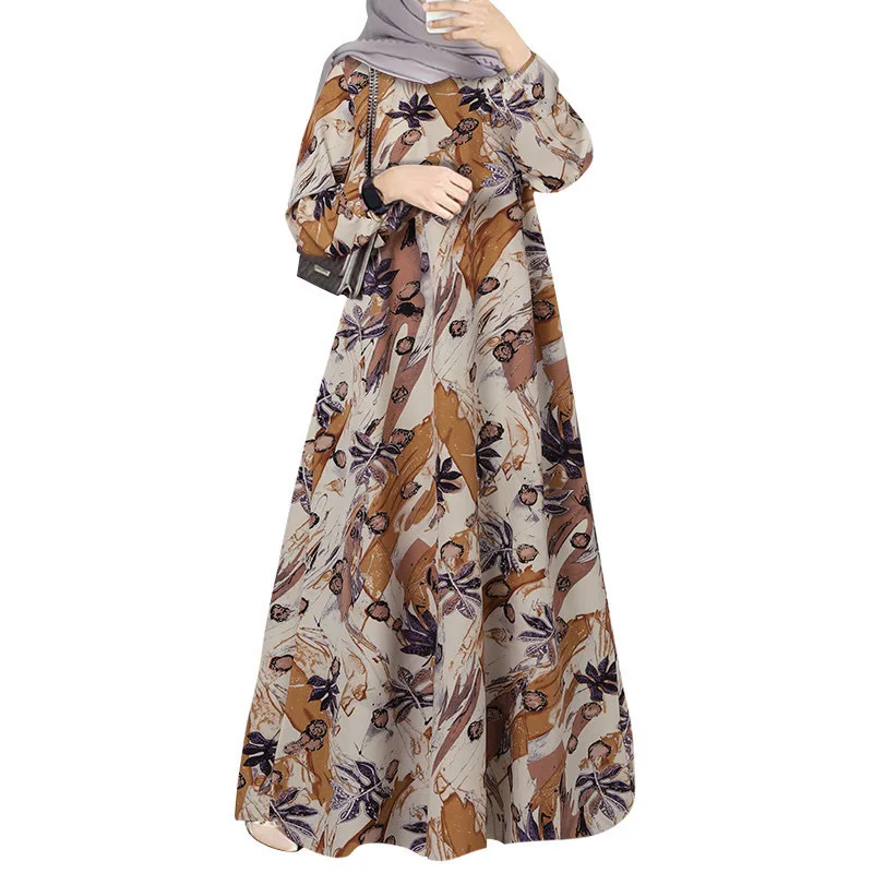 Neue Lange Robe Gedruckt Muslimischen Malaiischen Kleid Volle Hülse Rundhals Lange Robe Lange Kleid Fabrik Charge Dubai Luxus Islam Elegante
