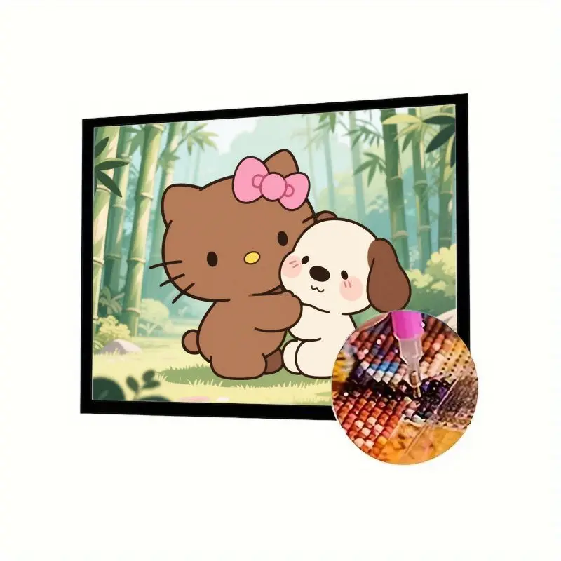 

1PC Full Drill 5D DIY Diamond Painting Kit, Cute Brown Kitty with Pink Bow & White Puppy Dog Hugging in Bamboo Forest, Rhineston