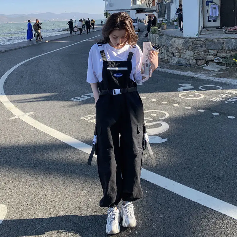 Macacões de carga feminino gótico vintage bolsos cinto streetwear kawaii verão destacável calças largas moda bf coreano preppy