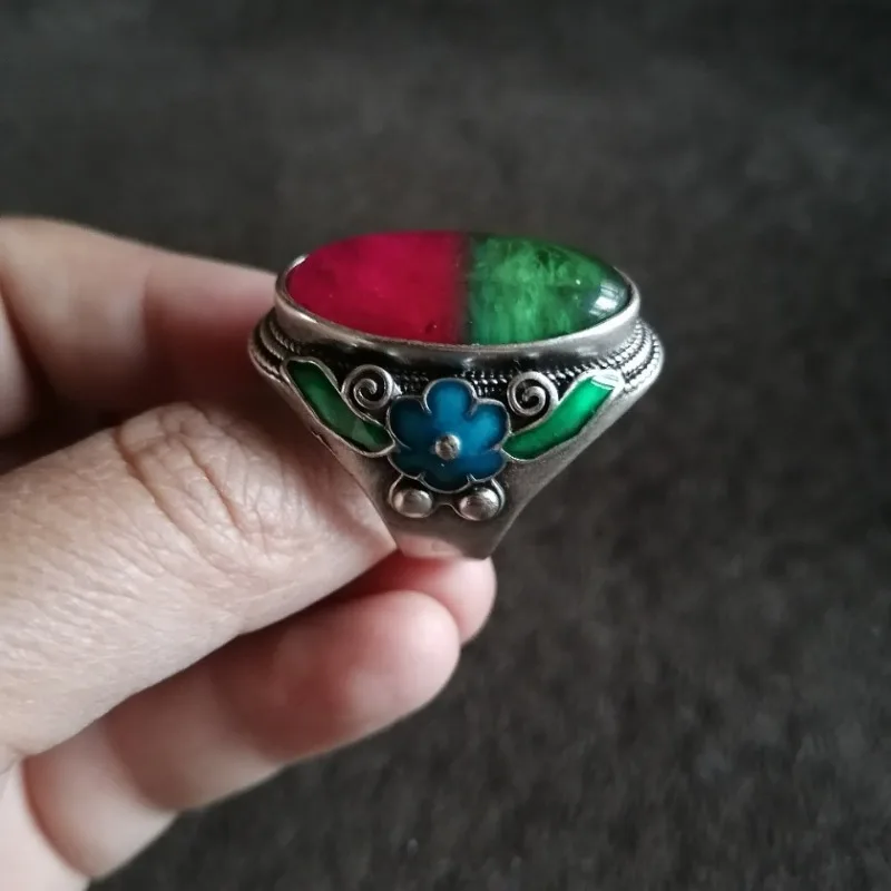 Antique Old Silver Ring with Two-Tone Tourmaline, Adjustable Open Band, Vintage Patina Collectible Jewelry