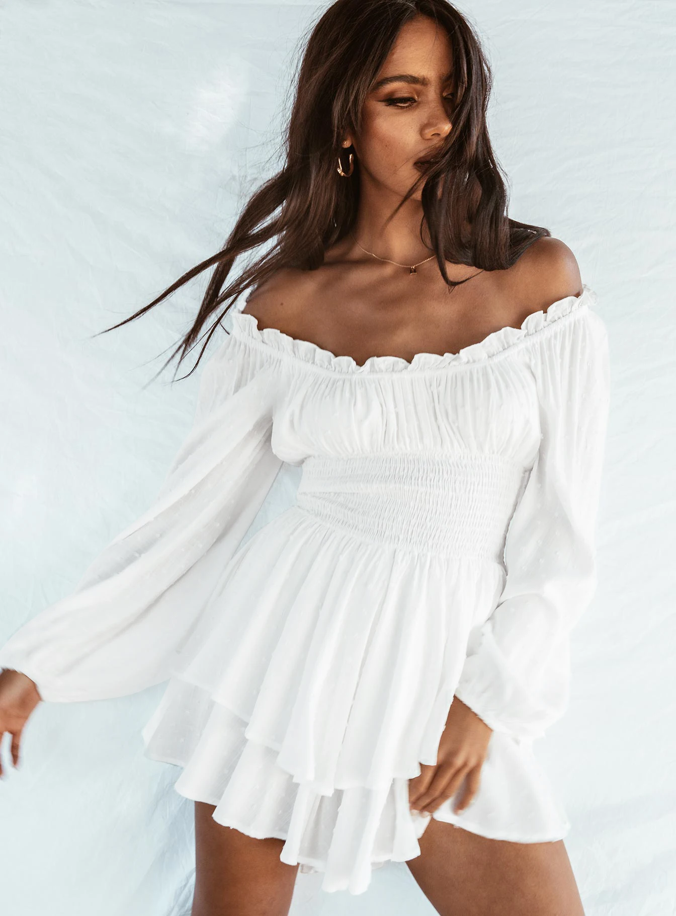 Women Ruffle Dress Built-in Shorts Dress Off Shoulder Long Puff Sleeve Layered Short Dress Fairy Pleated Waist Mini Dress