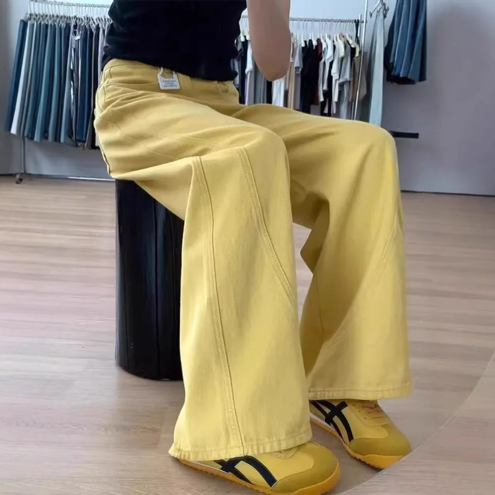 Women's Yellow Wide-Leg Jeans, High-Waisted Straight Wide-Leg Denim Pants for Women