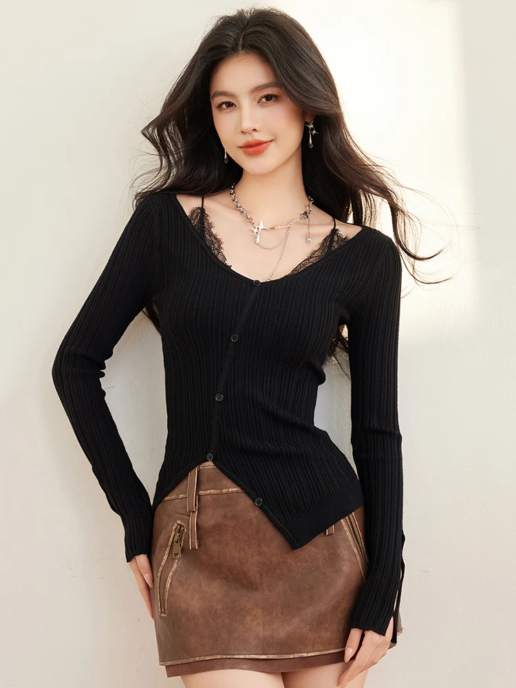 Nieregularny design Sense Dzianinowe topy Kobiety 2025 Wiosna Nowy Koronkowy patchwork Sweter z dzianiny Seksowna gorąca dziewczyna Top z długim rękawem