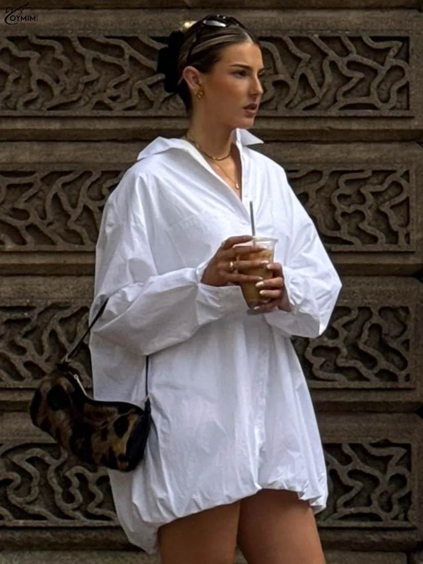 

Oymimi Elegant White Cotton Womens Dresses Casual Turn-Down Collar Long Sleeve Dresses Autumn Pockets Single Breasted Mini Dress