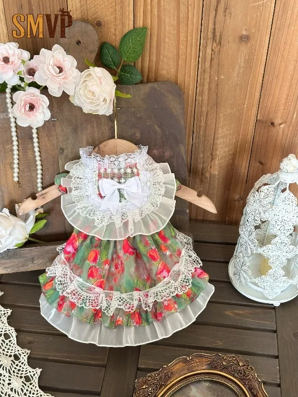 Countryside Tulip Print Pet Dress Red Green Floral Lace Ruffle Tiered Dress with White Big Bow Fresh Outdoor Outfit for Pets