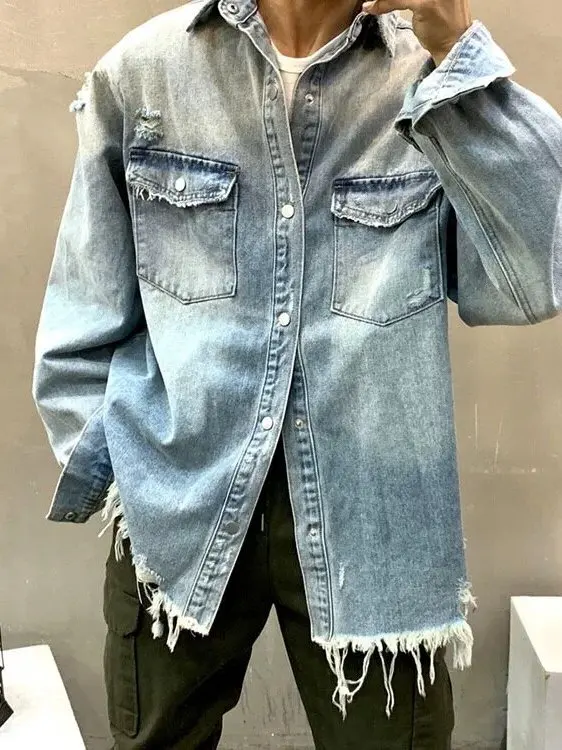 

Retro American Hole Denim Jaet Spring Autumn Men Loose Long Sve Versatile Trendy Coat Couple Jaet Youth Vitali Sle