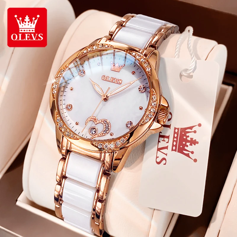 OLEVS 6631 Luxury Women Automatic Mechanical Watch Fashion Heart shaped Diamond Waterproof Ceramic Strap Elegant Brand Women Set