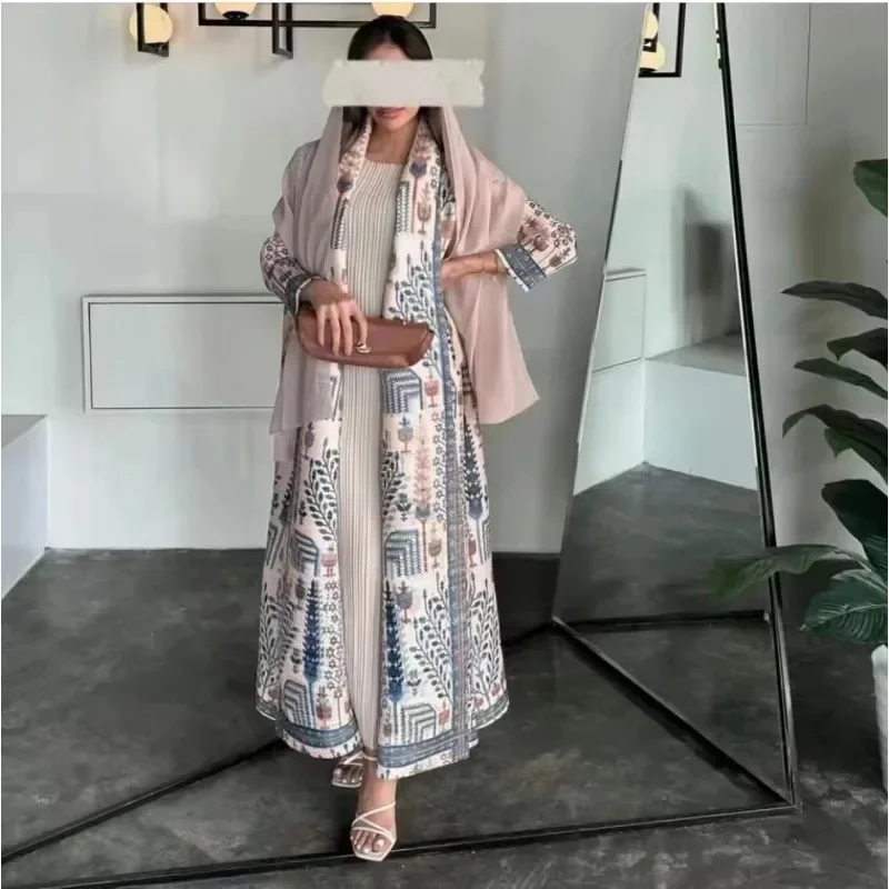 Miyake Pleated 2024 New Folded Collar Long Sleeved Retro Printed Dress Belt for Women Dubai Designer Original Fashion Loose Coat