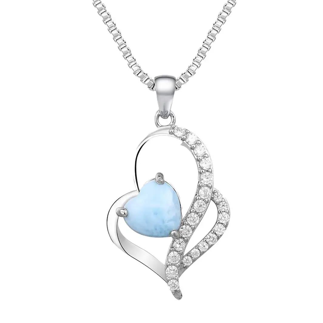 

JieLing Natural Larimar Heart Pendant Rhodium Copper Edge CZ Box Chain Jewelry Gift Blue Stone