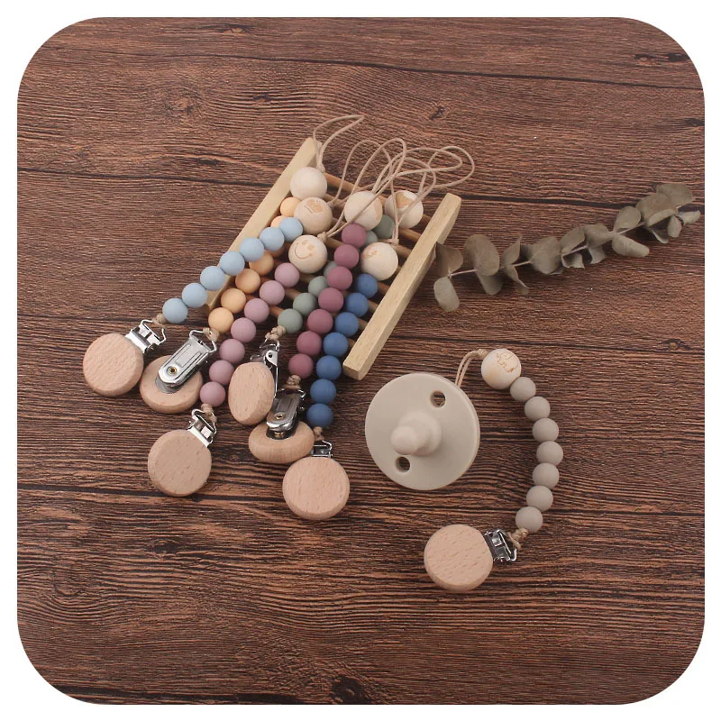 Baby Wooden Beads Pacifiers Holder Babies Silicone Dummy Pacifier Clip Pendant Nipple Teether Newborn Accessory Free Shipping