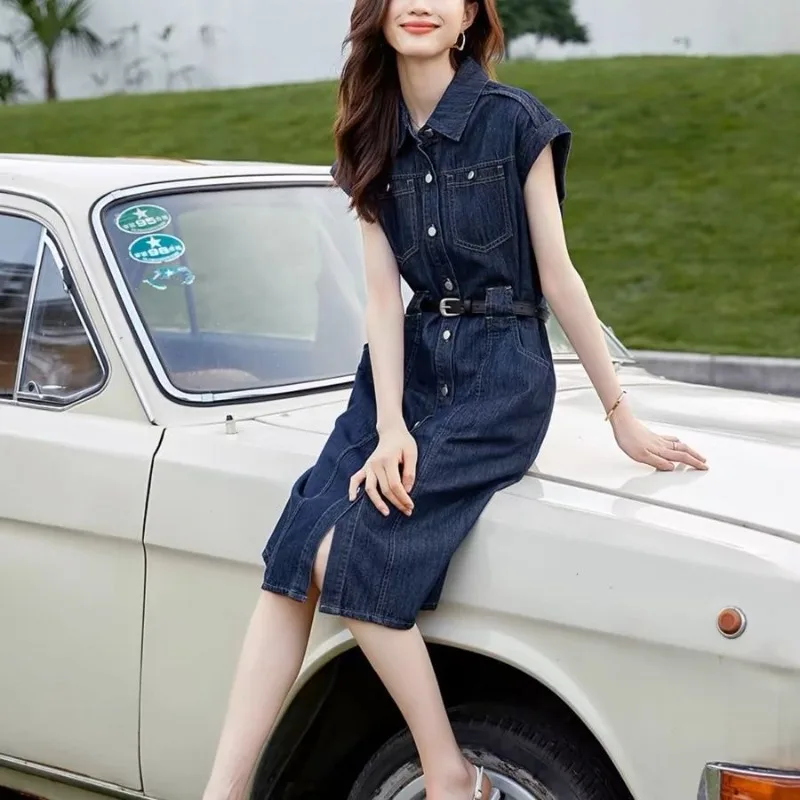 Abito in denim Donna Estate 2025 Nuovo stile Moda Temperamento Esplosione Temperamento Madre Camicia Gonna Senso senior Gonna Cappotto