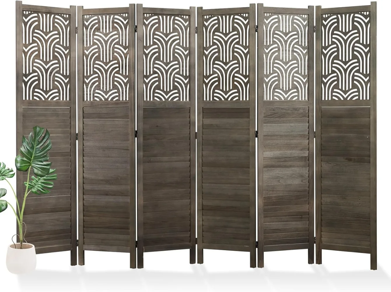 

66.9 Inch 6 Panels Wood Carved Privacy Screens, Portable Separation Wall for Home Office Restaurant Bedroom (Gray)