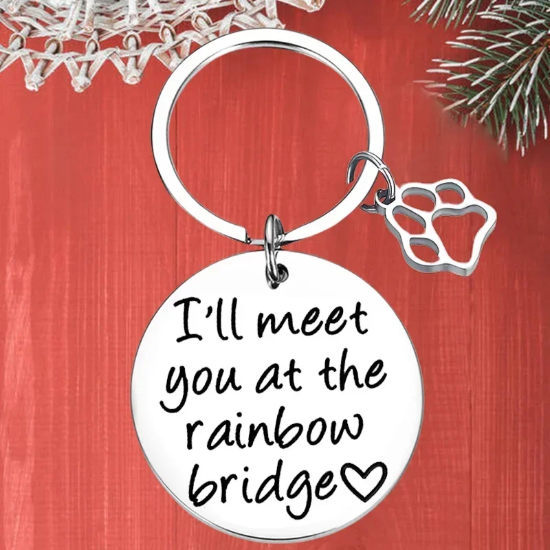 Metal Dog Cat Memorial Keychain Pendant Pet Lover Sympathy Gift Key Chains I'll meet you the rainbow bridge