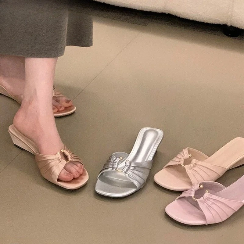 

Summer Designer Satin Wedges Heel Women Slippers Concise Slip On Open Toe Shoes Ladies Outdoor Daily Wear Vacation Dress Slides