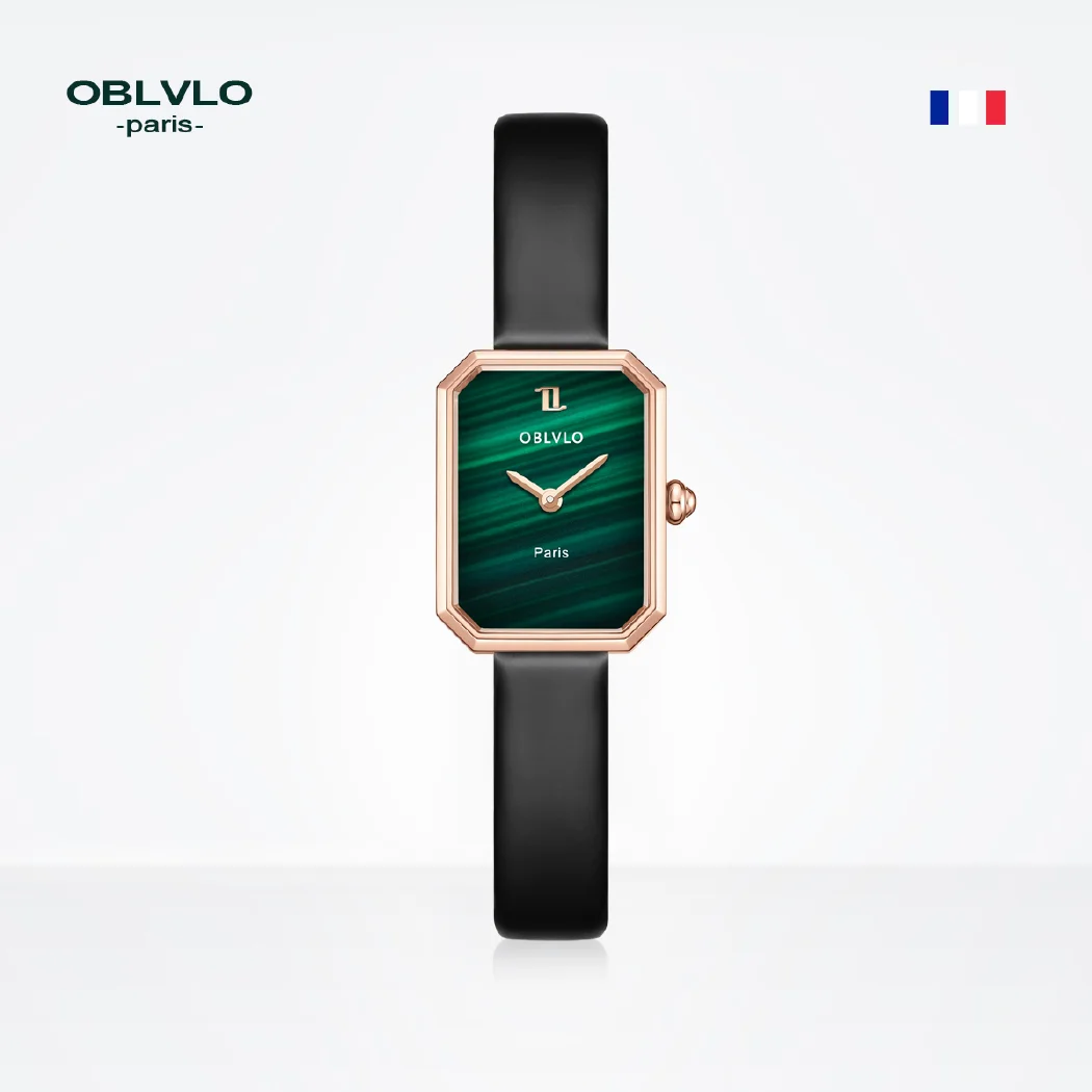 OBLVLO Women Quartz Watch Rose Gold Case Gift Leather Strap Malachite Dial Diamond Surface Sapphire Small Square Clock 23mm LW2