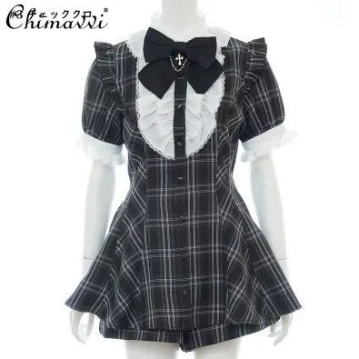 SC Suit Mine Mass-Produced Detachable Bow Sweet Shirt and Shorts Set Short Sleeve Top Japanese Style Women Two Piece Shorts Set