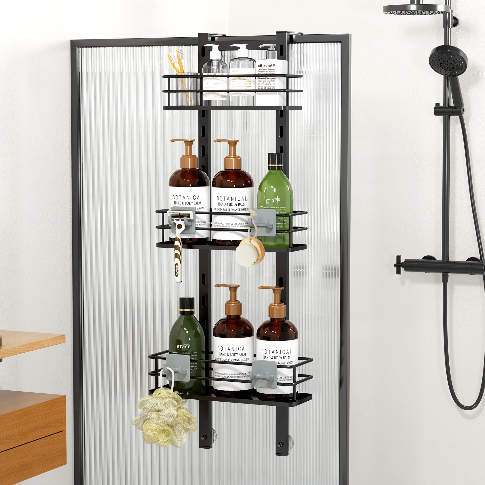 

Black Metal Hanging Bathroom Shelves Over The Door Shower Caddy Adjustable Bath Basket with Suction Cups Hooks Rustproof Rack