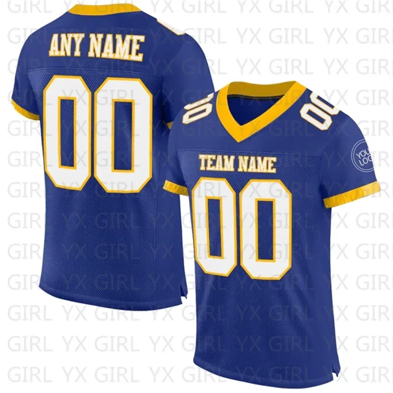 

Custom Royal White-Gold Football Jersey Personlized Team name and you name number V-Neck Football T-Shirts