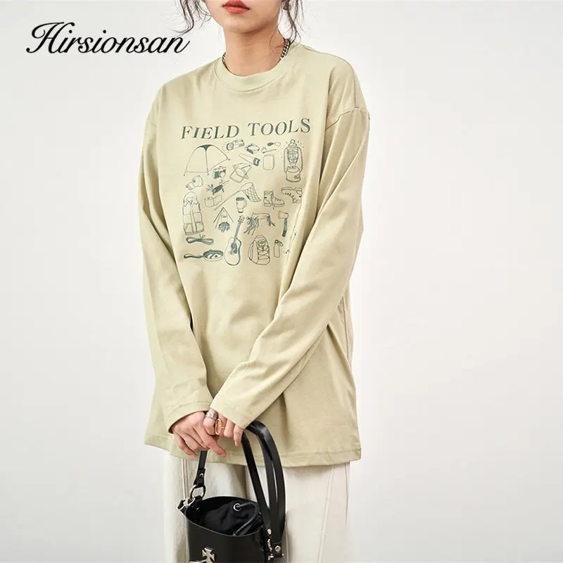 

Hirsionsan Funny Cute Cartoon Printed T-shirt Women Autumn New Long Sleeve Simple Pullover Female Harajuku All-match Clothing