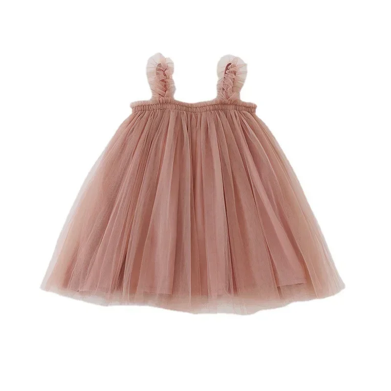 2024 Summer Sling Girls' Chiffon Skirt Wooden Ear Baby Princess Dress