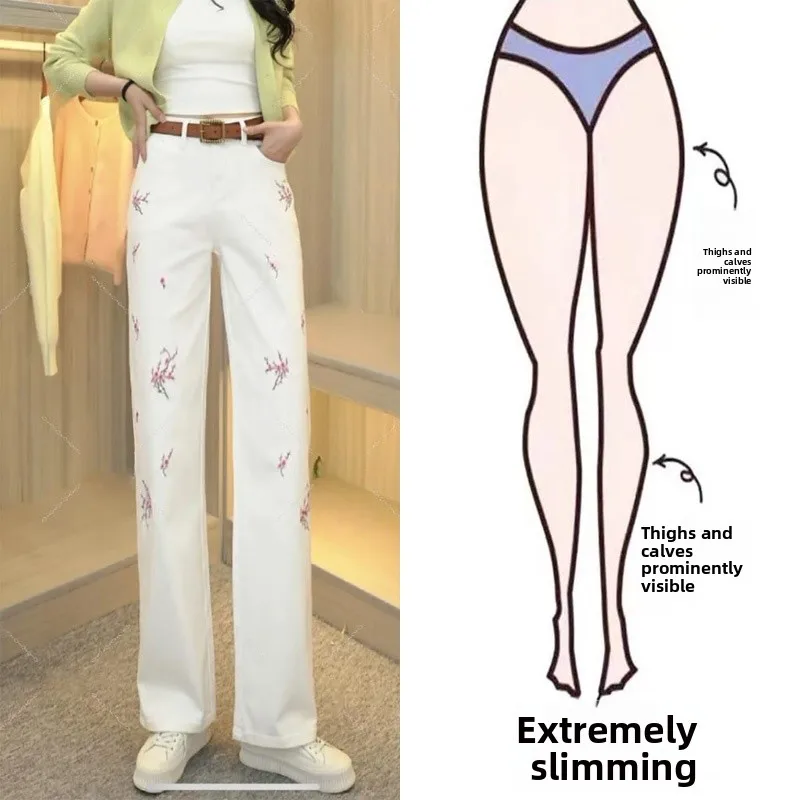 Jeans de Pierna Recta con Diseño Adelgazante de Cintura Alta, Estilo Chino, Bordado de Flor de Durazno, Versión Estrecha Blan...