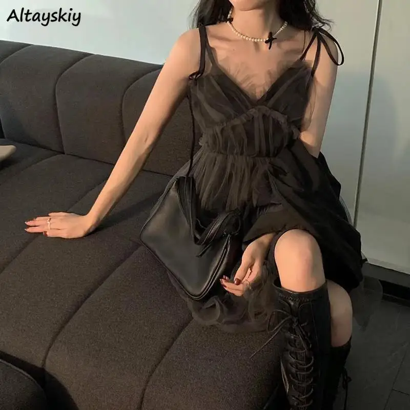 Black Mini Dresses Women Summer Tender Ruffles Tender V-neck Ulzzang Girlish Trendy Cool Sleeveless Hotsweet Simple Mesh Holiday