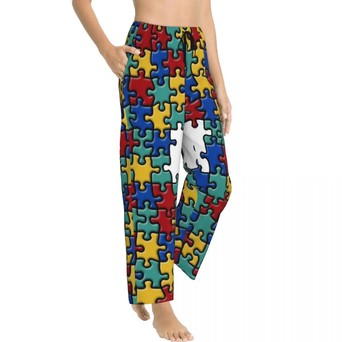 Custom Printed Colorful Puzzle Autism Awareness Pajama Pants Womens Sleep Sleepwear Bottoms with Pockets