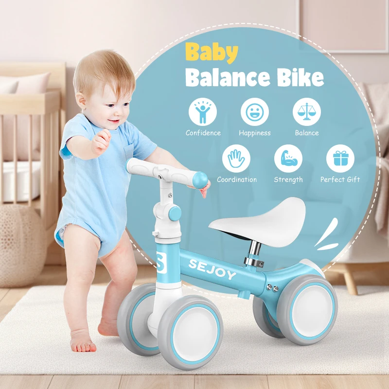 Vélo d'équilibre pour bébé pour garçons et filles de 1 an, vélo d'équilibre pour tout-petits de 12 à 36 mois, premier vélo pour tout-petits à 4 roues, cadeaux d'anniversaire, bleu