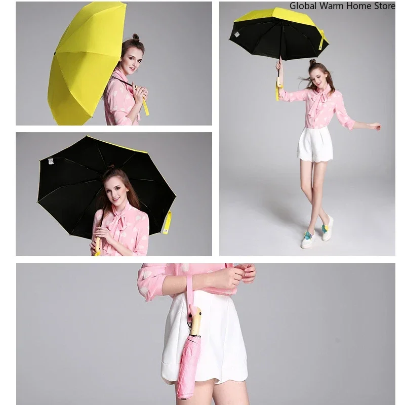 Cute Duck Wooden Handle Umbrellas Folding Automatic Anti-UV Windproof Black Coating Lady Portable Sun Parasol Umbrella Academy