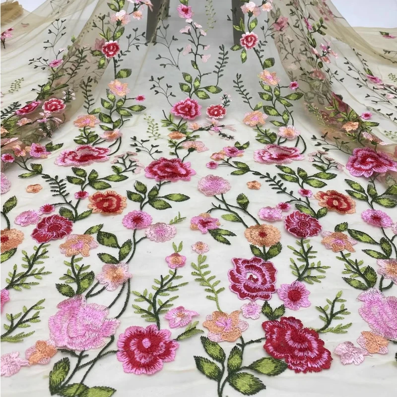 

Colorful Flower Embroidery Mesh Fabric for DIY Sewing Evening Dress Clothing Fashion Designer Fabrics Material Cloth By The Yard