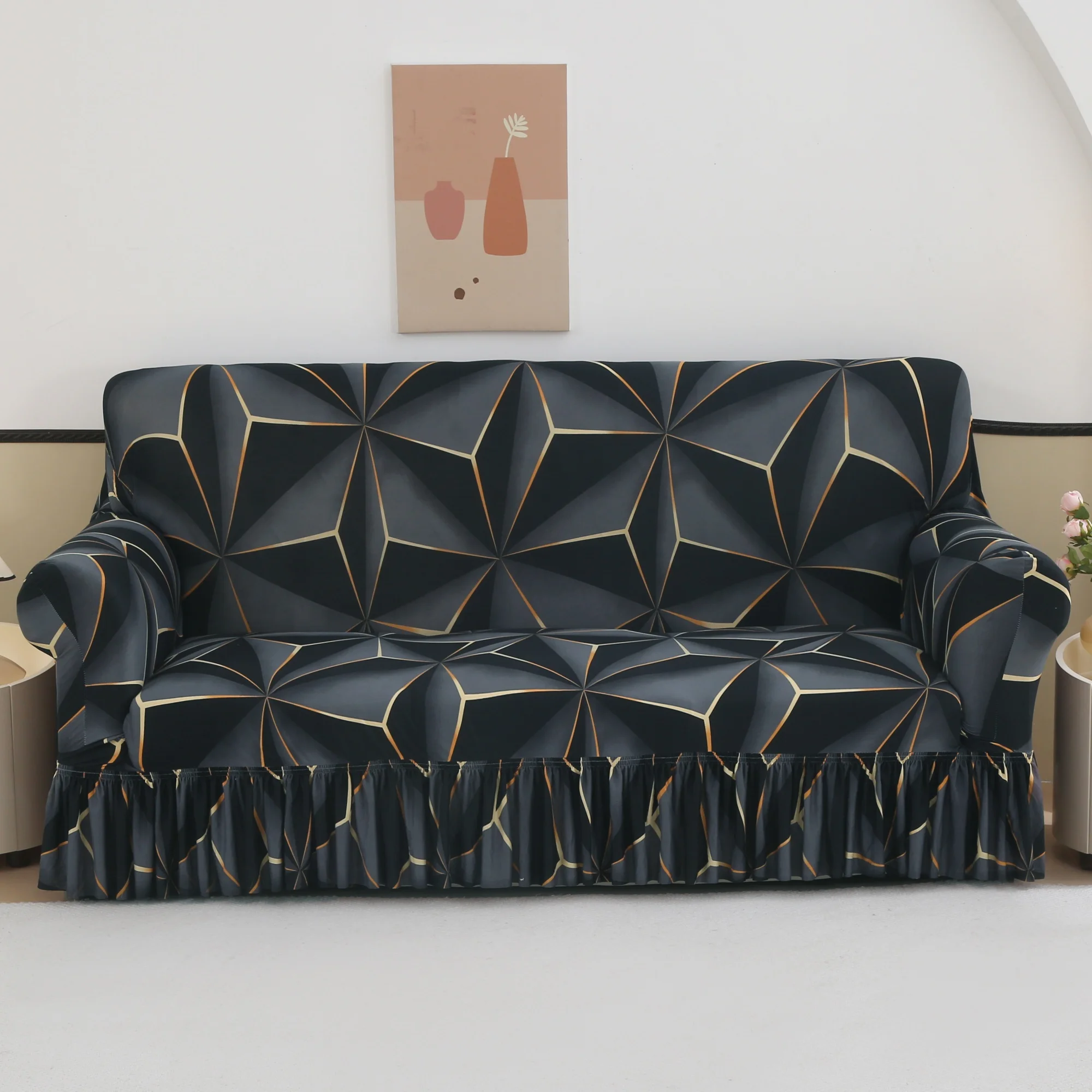 Black Geometric Elastic Sofa Cover - Universal & All - Season, Perfect for Modern Living Room & Studio Spaces