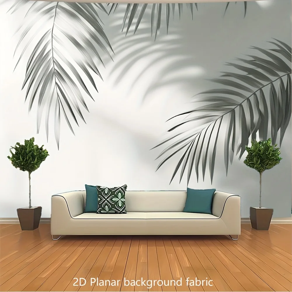 Tapiz de tela de fondo 3D plano 2D - Patrón minimalista de hoja de palma gris sobre blanco suave