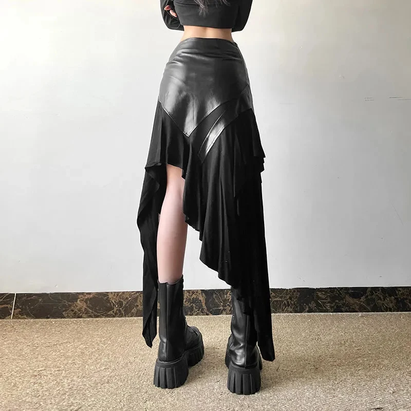 Irregular Ruffles Midi Skirt Women Vintage Pu Leather Patchwork Hottie Skirts High Waist Streetwear Harajuku Retro Y2K Skirt New