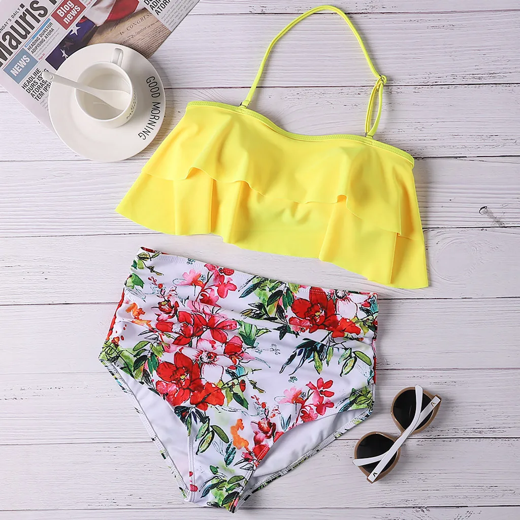 Women's Sexy High Waisted Print Ruffle Bikini Split Swimwear Beachwear Beachwear vacation Hawaii