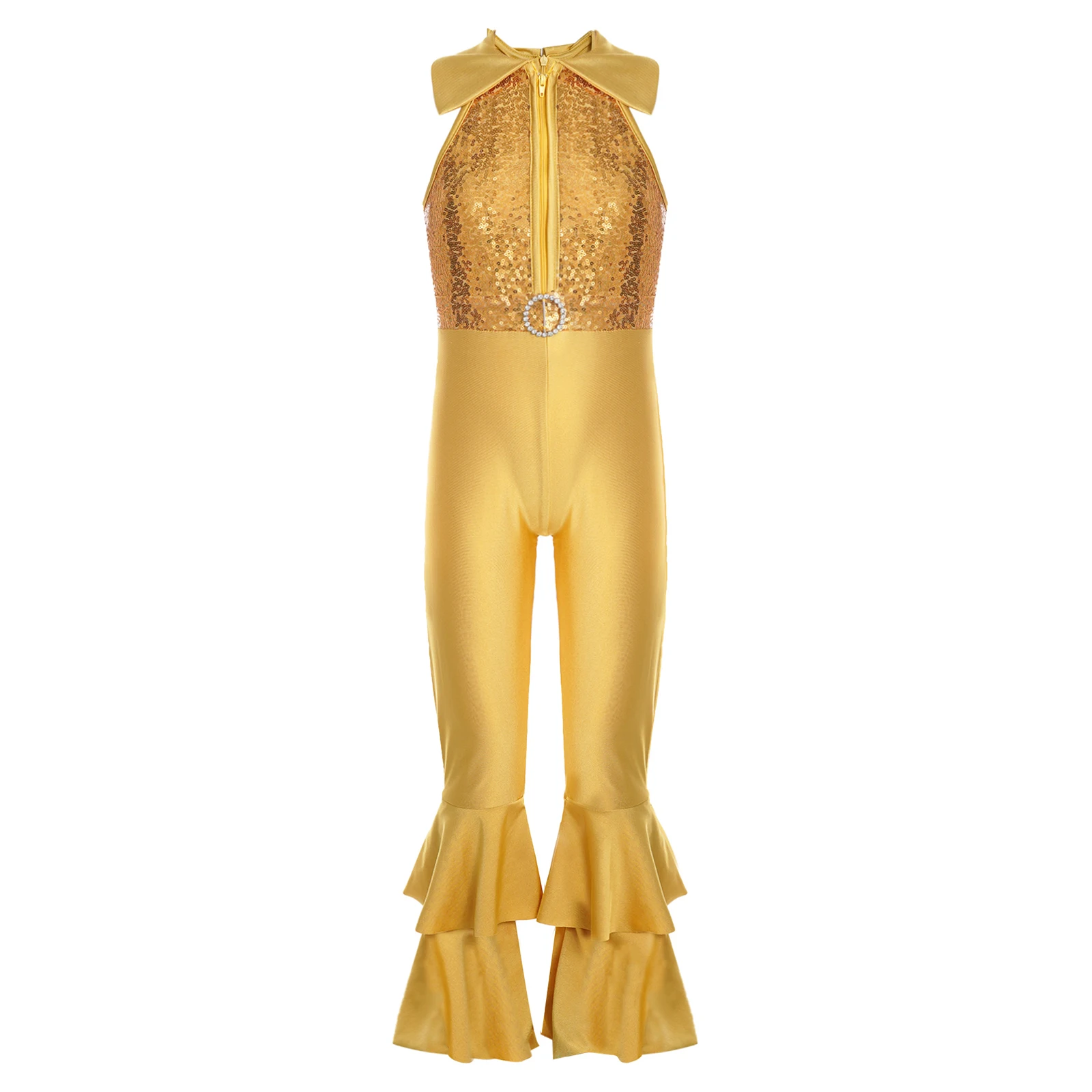 Kids Girls Sequin Hippie Costume Disco Diva Dance Leotard Stage Performance Retro Vintage Party Jumpsuit Competition Bell Bottom