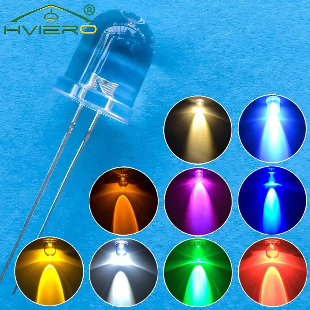 250Pcs 10mm Round Top Ultra Bright Emitting Diode LED White Red Green Blue Yellow UV Pink Orange Light Diodes Lamp Bulb Min Led