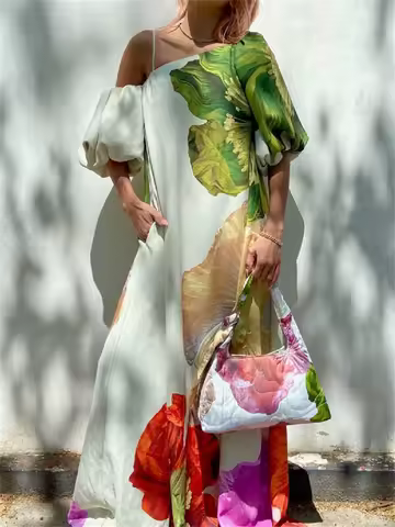 Yeezzi Women's Dress 2025 New Summer Floral Print One-shoulder Elegant Party Evening Maxi Dresses Fashion Vacation Beach Dress