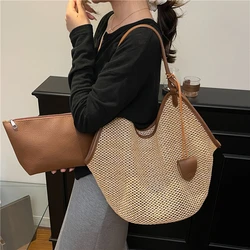 Straw Bag Women Hand-Woven Handbag Quality Leather Shoulder Bags Beach Totes Lager Capacity Shopping Bag Rattan Bucket bolsos