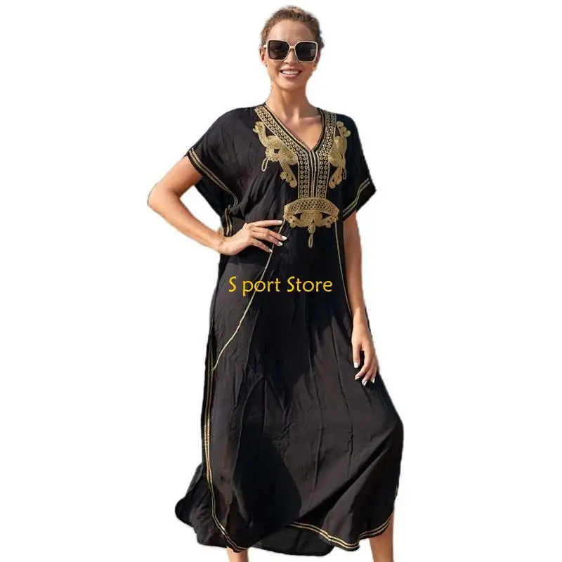 U2JB Women Sexy V-Neck Off Shoulder Kaftan Swimsuit Cover Up Ethnic Floral Embroidery Side Split Beach Maxi Dress Oversized Long