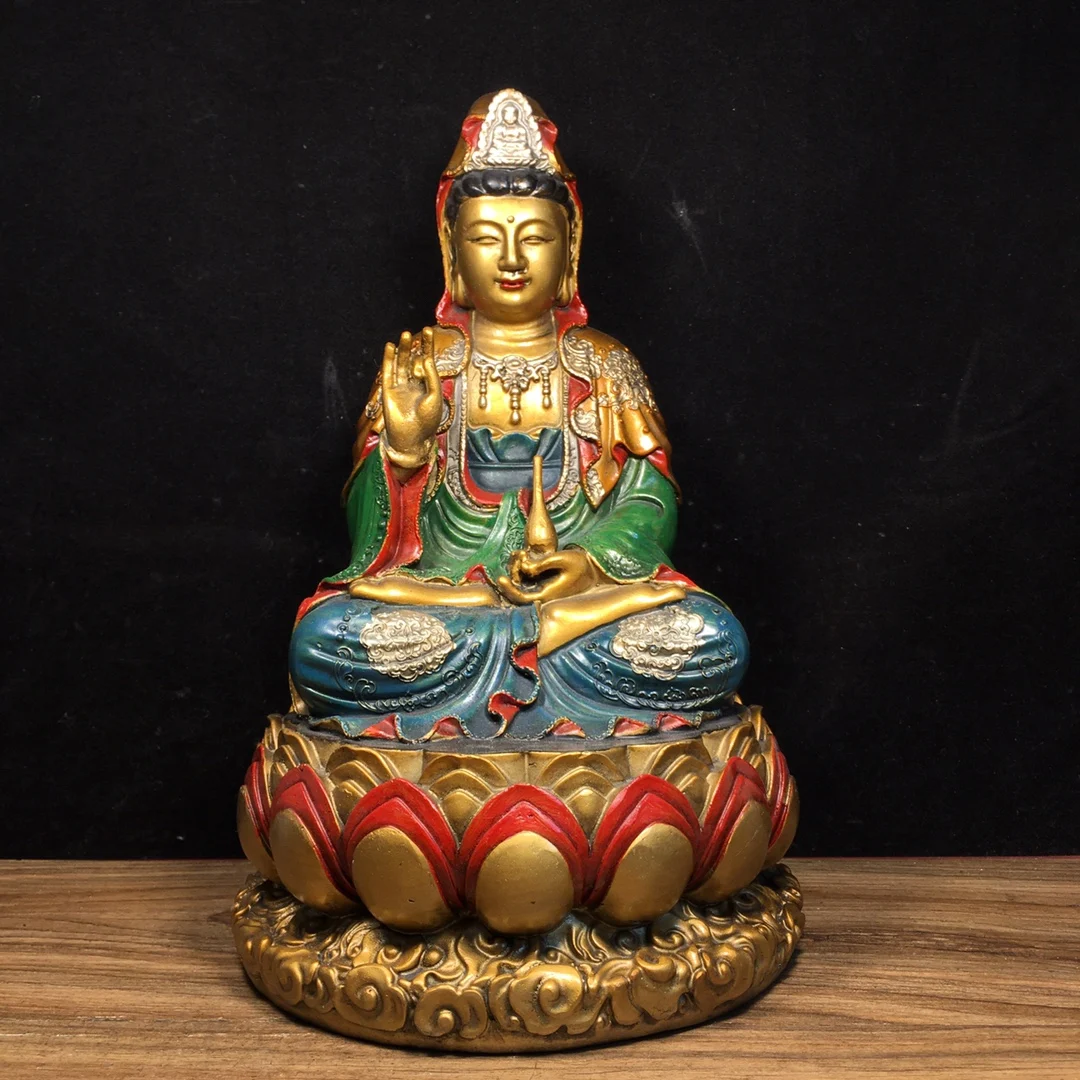 

12"Tibetan Temple Collection Old Bronze Painted Pure Bottle Guanyin Bodhisattva Buddha Platform Worship Hall Town house