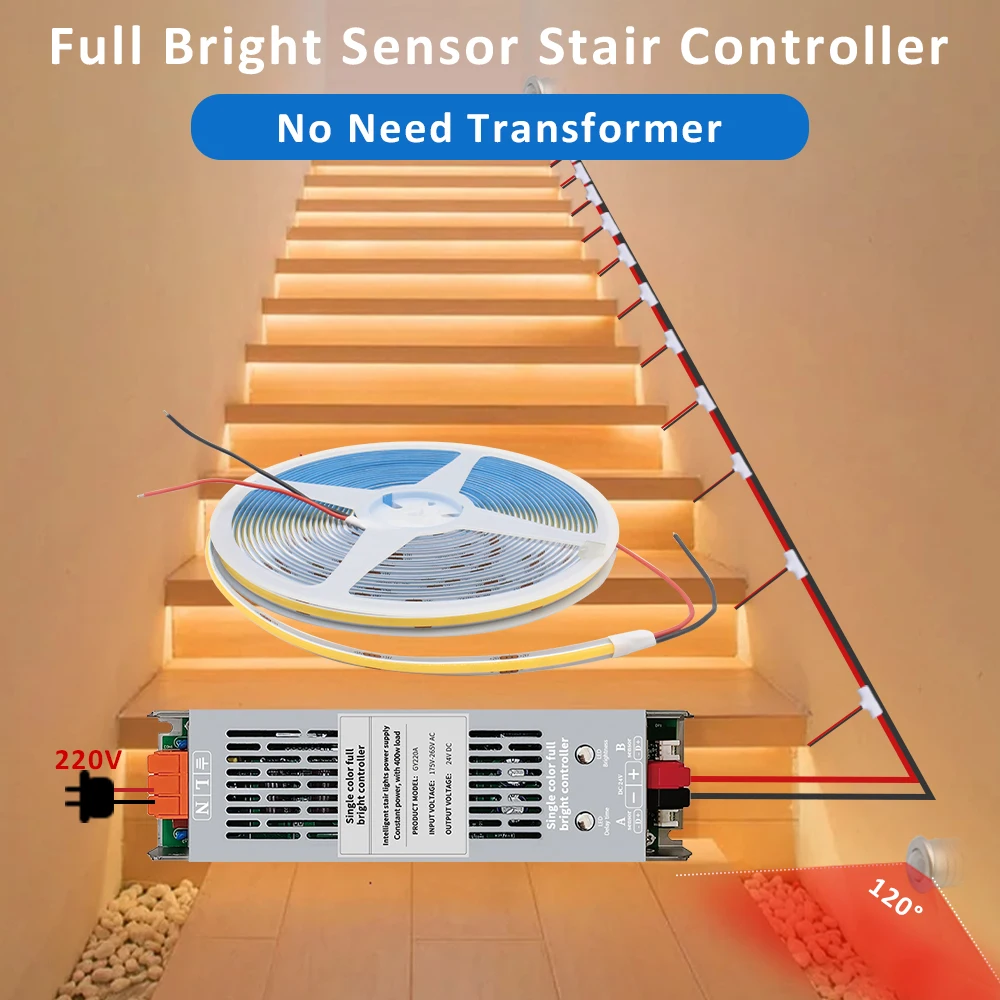 24V COB LED Strip Light High Bright Stair Backlight Work with 2in1 400W PIR Automatic Motion Sensor Stairs Lighting Controller