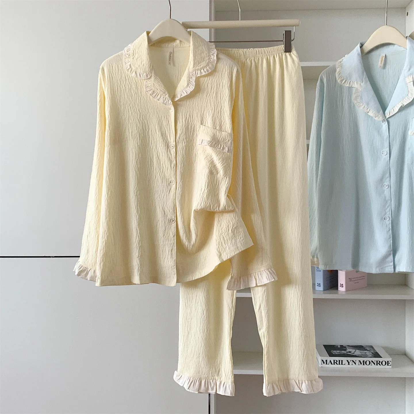 Sweet Ruffled Edge Sleepwear for Women in Spring and Autumn 2025 New Korean Long Sleeved Cardigan Home Wear Two-piece Set