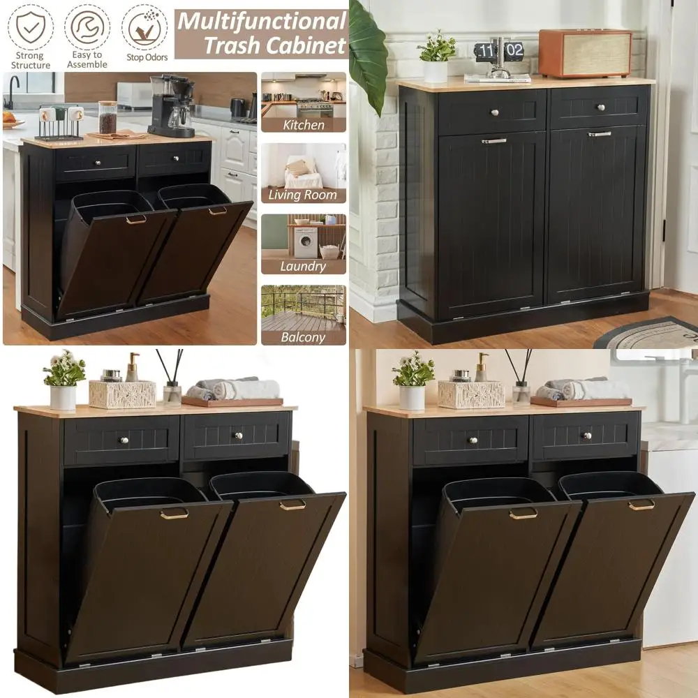 

Двухсекционный шкаф для мусора с емкостью 26 галлонов, выдвижным отсеком для переработки и скрытым контейнером для мусора для кухни и гостиной, черный