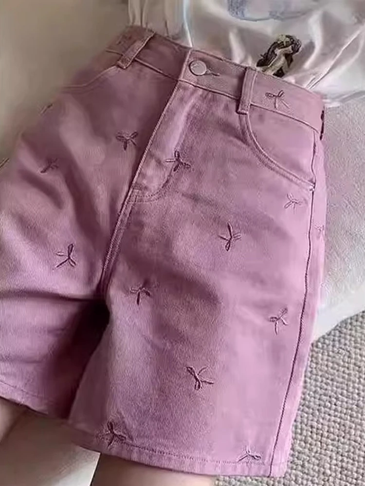 자수 데님 반바지 여성 하이웨이스트 통통한 mm 루즈 슬리밍 와이드 레그 핫팬츠 5부 여름 트렌드 신상 팬츠