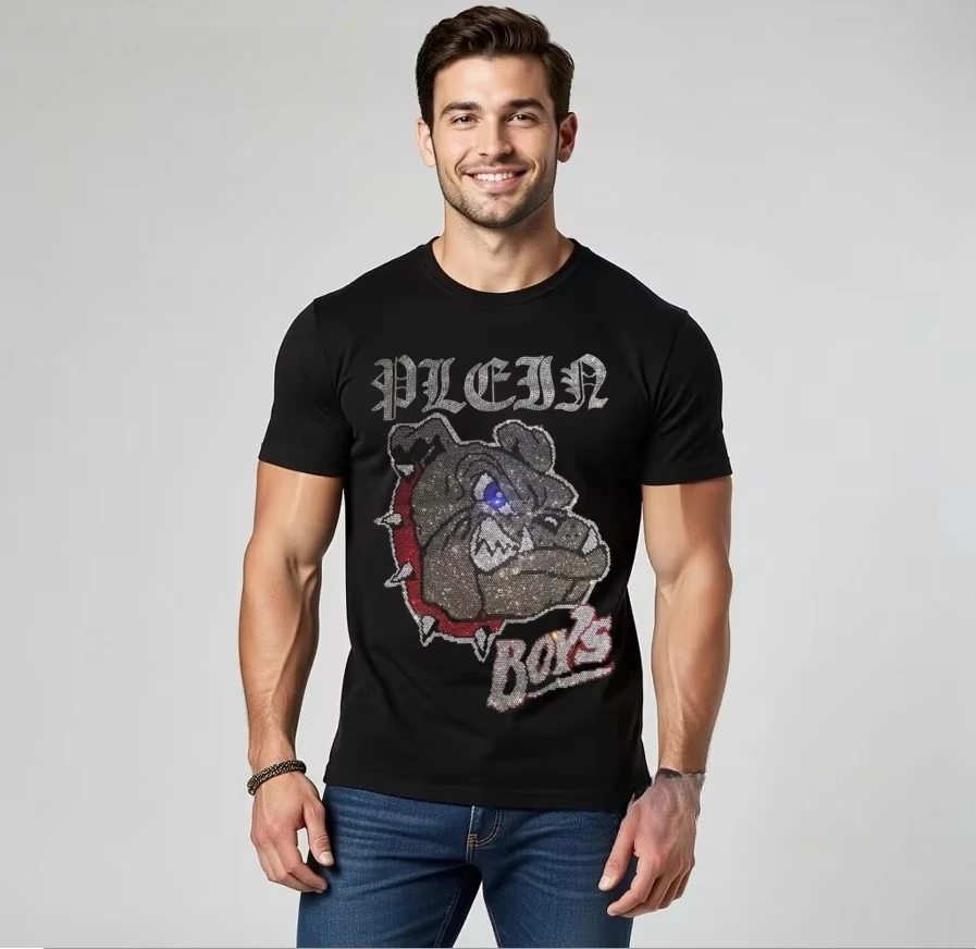 2026 Neues Cooles Luxus-Kristall-Strass-Herren-T-Shirt aus Reiner Baumwolle mit O-Ausschnitt, Kurzarm, Sommer-Street-Style, Weich und Bequem – Detail 7