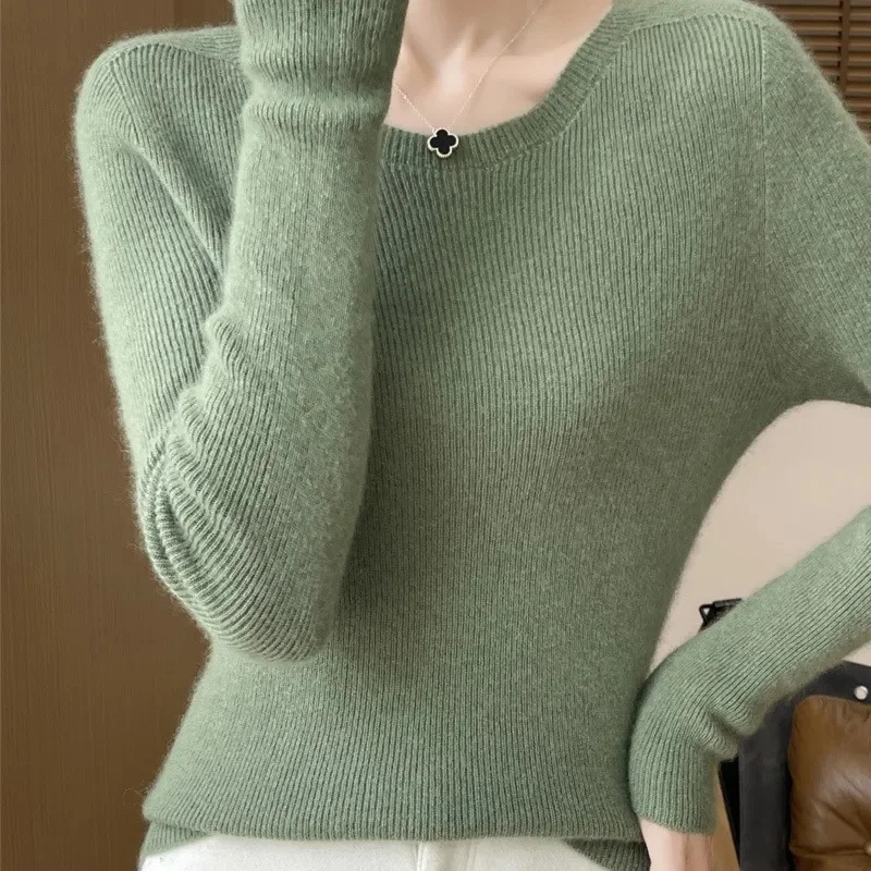 가을 겨울 여성 100% 메리노 울 스웨터 오목 캐시미어 풀오버 기본 패션 의류 컴포트 웜 탑 캐주얼 솔리드