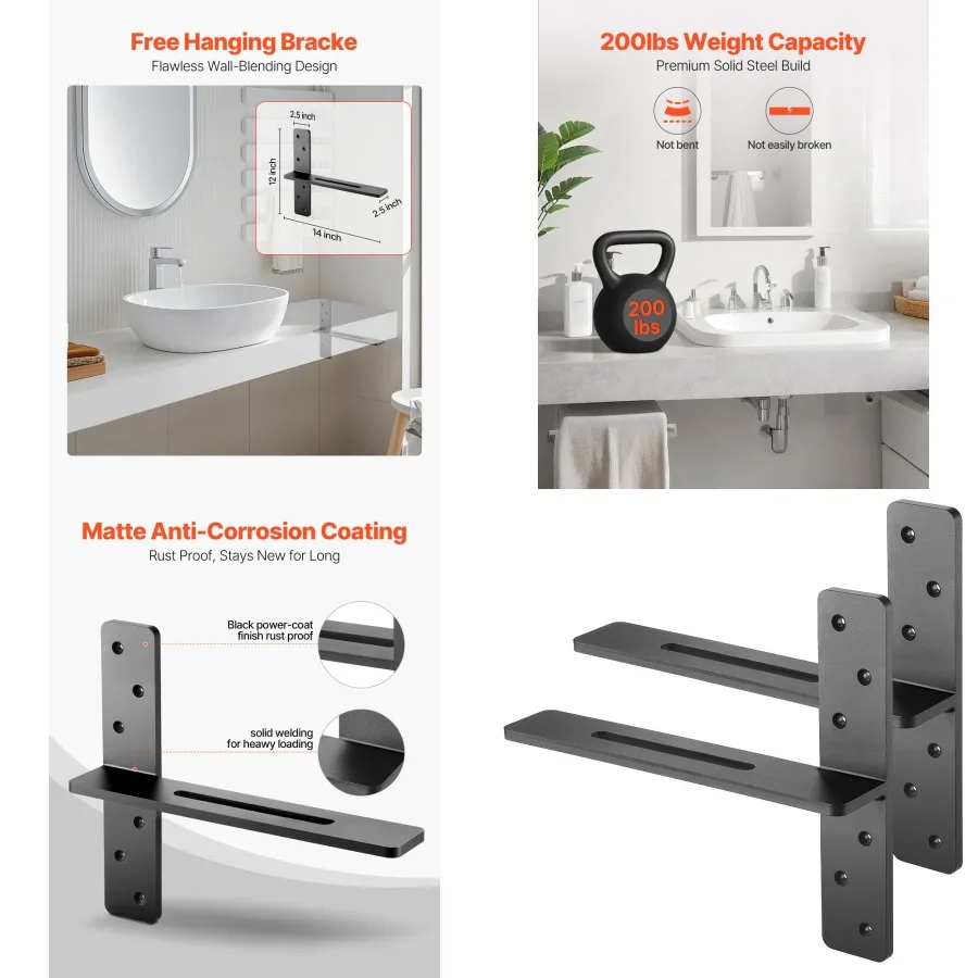 

2 Pcs Shelf Brackets 14 inch 355.6 mm Heavy Duty Floating Shelf Brackets