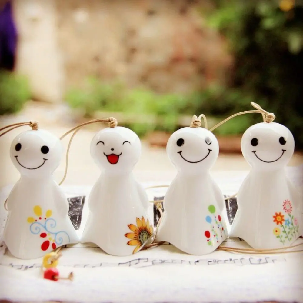 Cartoon Sunny Dolls Wind Chimes Handmade Cute Smile Doll Wind Chimes Antique Japanese Hanging Porcelain Wind Chimes