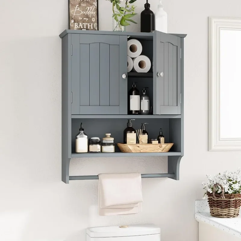 

Bathroom Wall Cabinet with Towel Rack, Bathroom Cabinet Wall Mount with 2 Doors and Open Shelf, Over The Toilet Wall